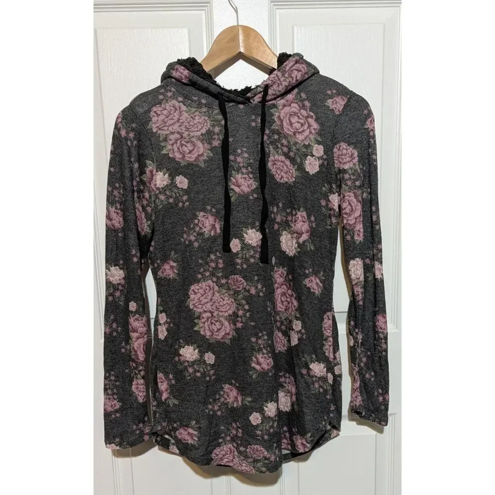 Ultra Flirt Large Gray Lightweight Sherpa Lined Hoodie Pink Floral Tunic To, L - Picture 2 of 9